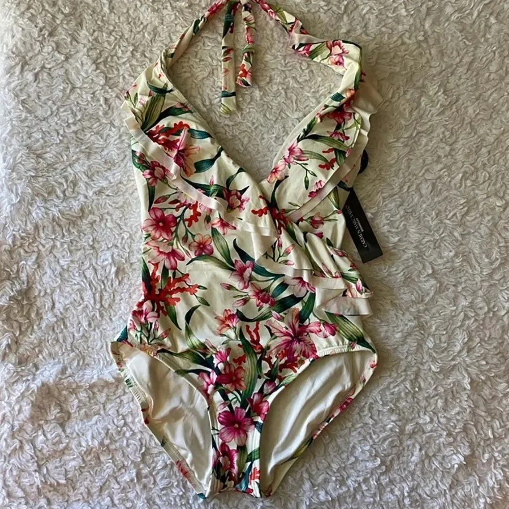 Carmen Marc valvo ruffle floral plunge Swimsuit Swimwear sz 14